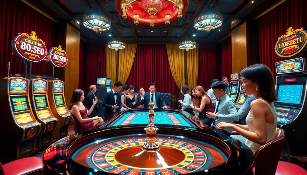 Gamblers enjoying a roulette game at night; J88 đăng nhập for thrilling casino action.