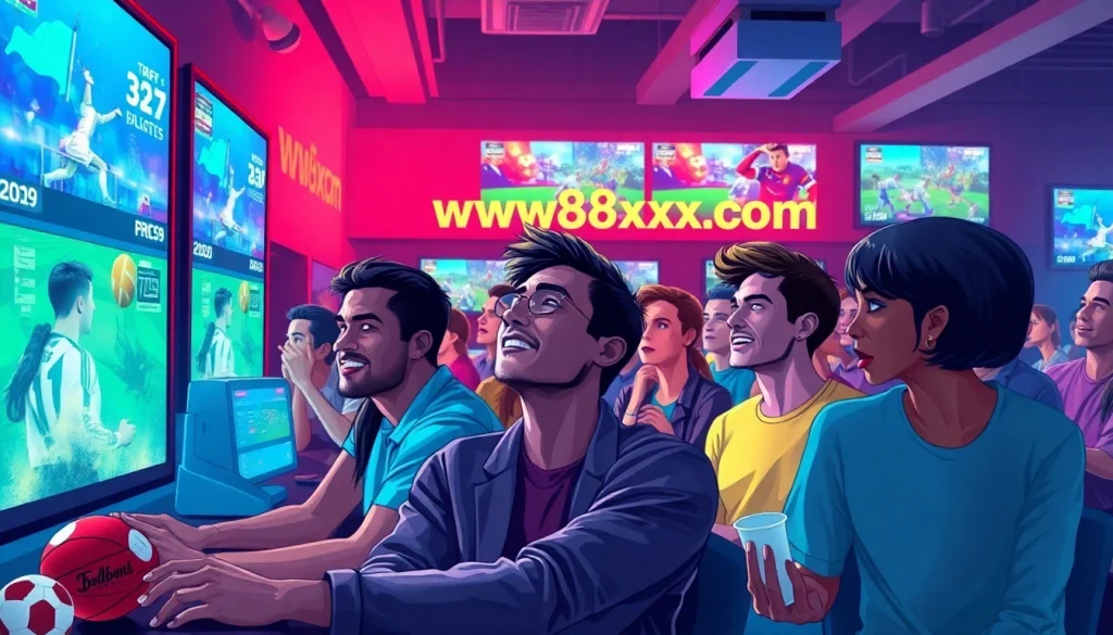 A dynamic scene of sports bettors enjoying the thrills at https://ww88xxx.com/ with excitement and camaraderie.