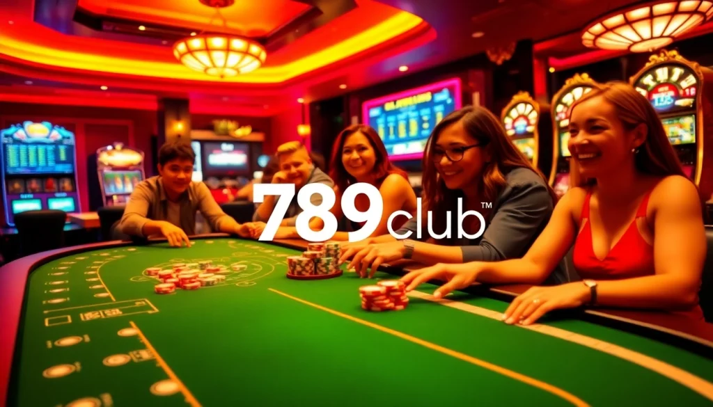 Engage with the exhilarating gaming experience at 789club, featuring vibrant casino tables and joyful players.