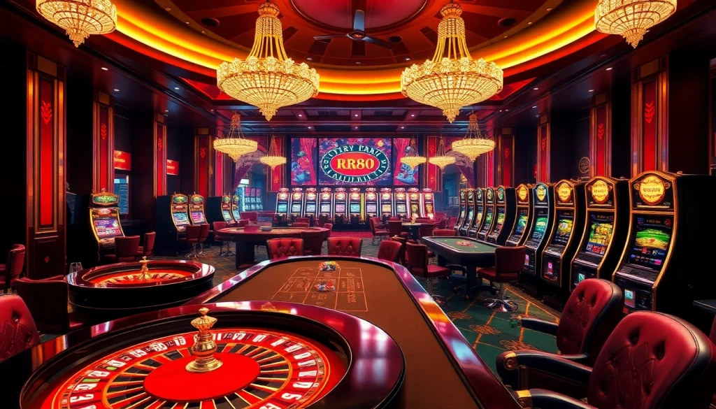 Experience RR88 VIP in an exclusive casino lounge filled with poker tables and luxurious decorations.
