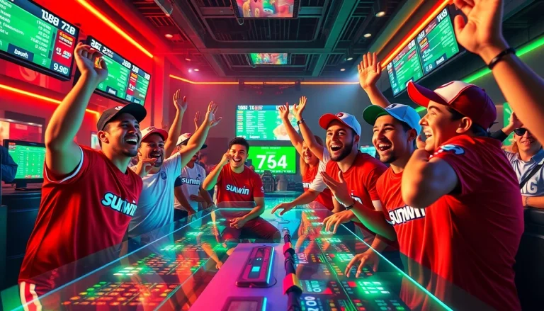 Excited players engaged in sports betting with sunwin-themed gear at a betting table.