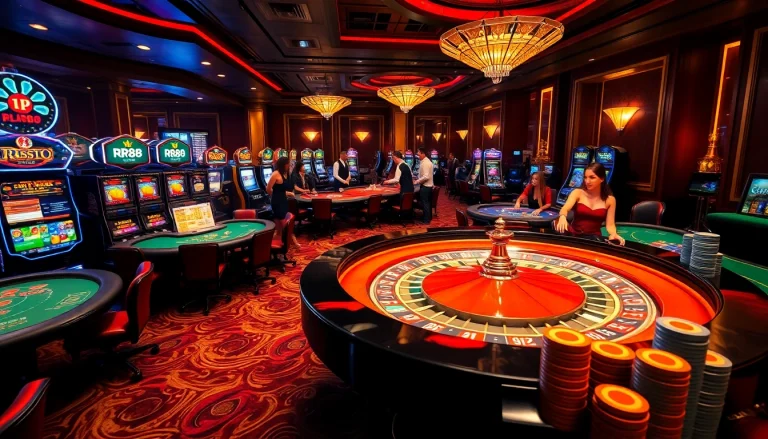 Experience the thrill of rr88 vip at a vibrant casino, with players and lively roulette and slot machines.