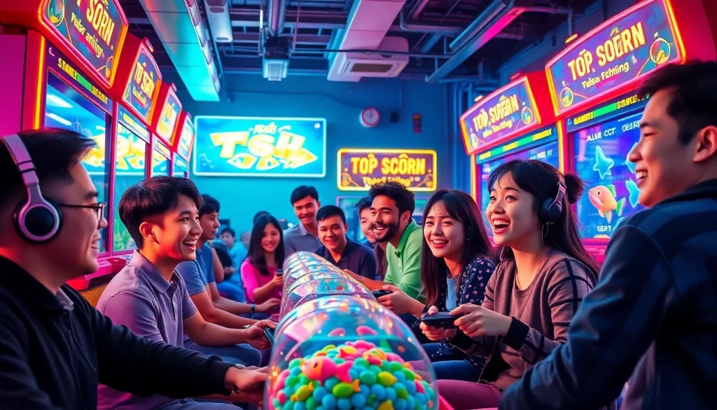 Excited players immersed in bắn cá đổi thưởng, showcasing colorful arcade atmosphere.