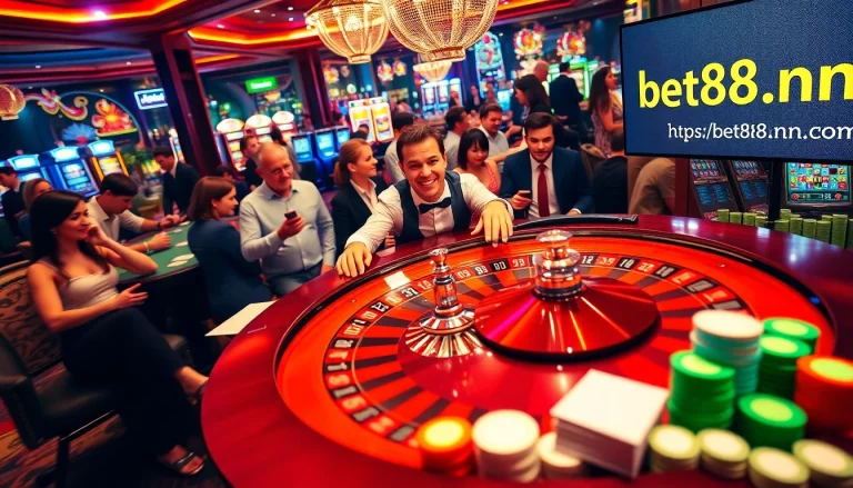 Experience the thrill of gambling at https://bet88nn.com/ as players celebrate wins at a vibrant casino table.