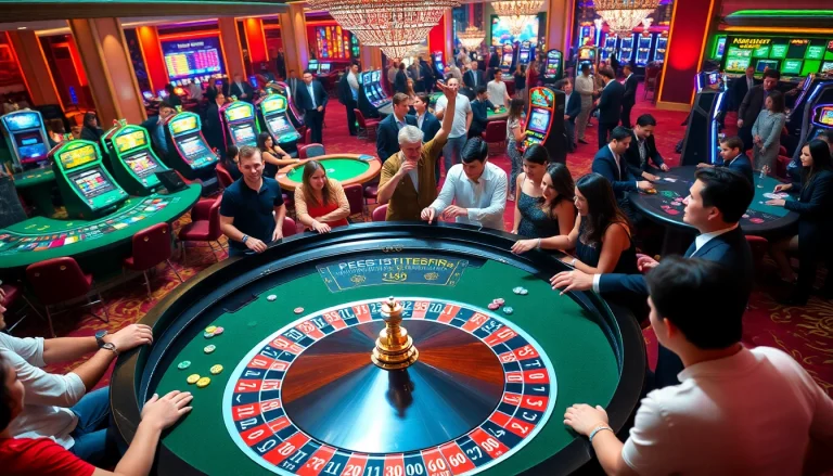 Excited players at a casino roulette table, engaging in 토토 커뮤니티 discussions while betting.