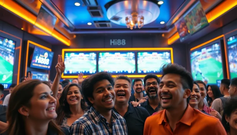 Enthusiasts engaging in sports betting at Hi88, displaying excitement and camaraderie.