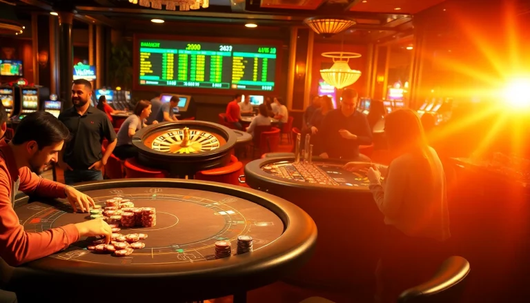 Experience bong da lu fun with players at an exciting poker table, surrounded by a lively casino atmosphere filled with action.