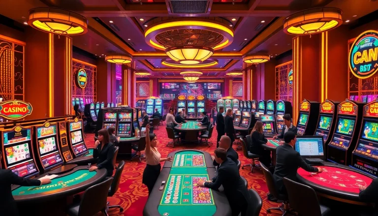 Exciting scene of players at a casino celebrating wins at nhà cái uy tín nhất with vibrant tables and slot machines.