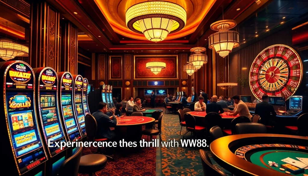 WW88 gaming scene featuring players at poker tables with vibrant slot machines and a roulette wheel, showcases excitement in gambling.