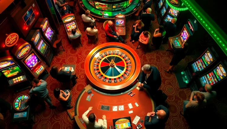 Spotbet's casino floor with players at roulette and blackjack tables, showcasing vibrant gaming action.