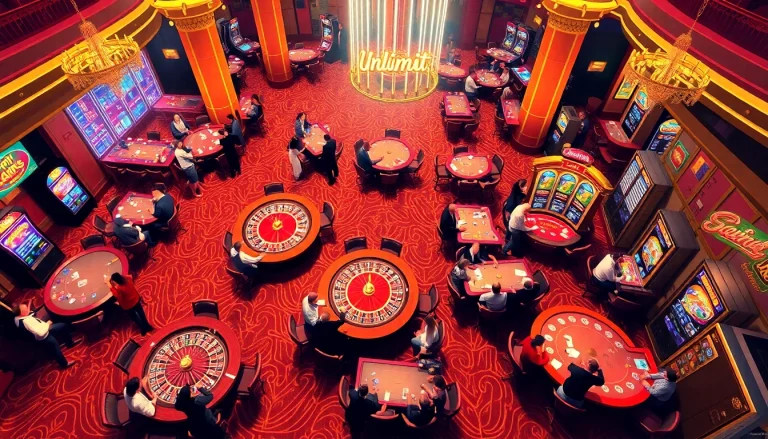 Experience the thrill of gaming at Unlimit casino with vibrant tables, excited players, and lively activities.