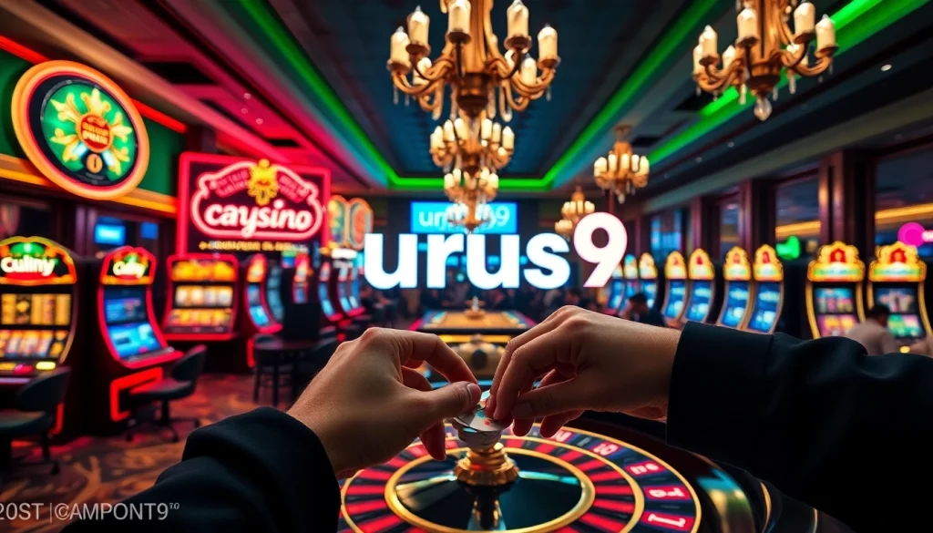 Experience the thrill of high-stakes gambling at the luxurious urus9 casino, featuring vibrant lights and exciting roulette action.