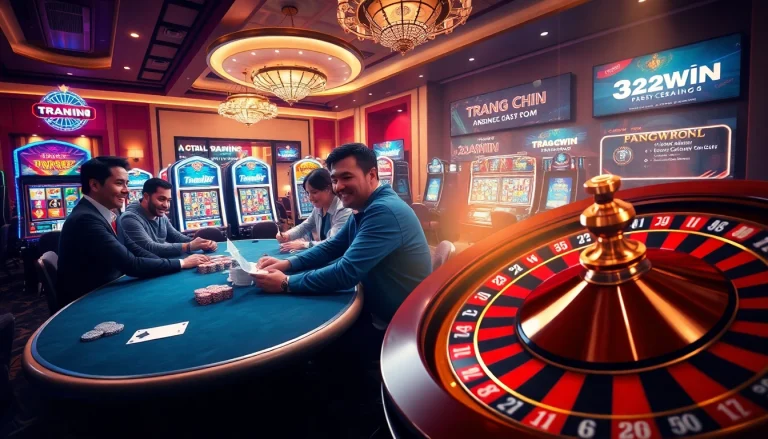 Explore the thrilling atmosphere of TRANG CHỦ 32WIN casino, featuring a poker table, vibrant slot machines, and exciting games.