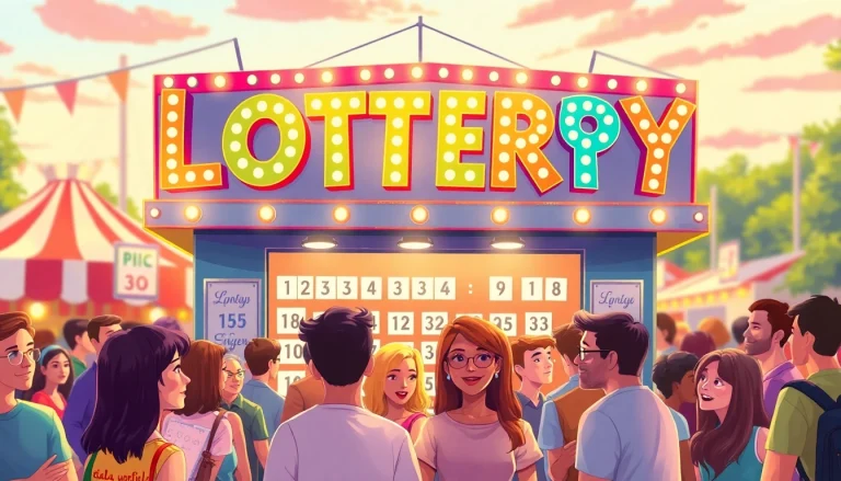 Vibrant lottery ticket booth with excited players choosing their lottery numbers.