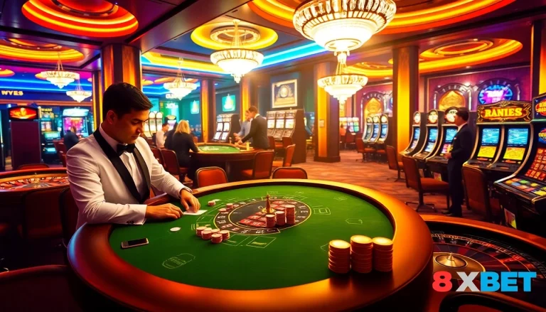 8XBET offers an immersive casino experience, featuring players at a blackjack table surrounded by slot machines, capturing the essence of online gaming.