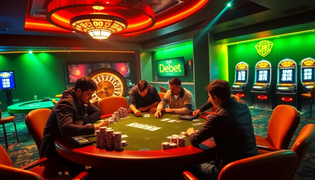 Debet casino scene highlighting an intense poker game with players, chips, and cards.