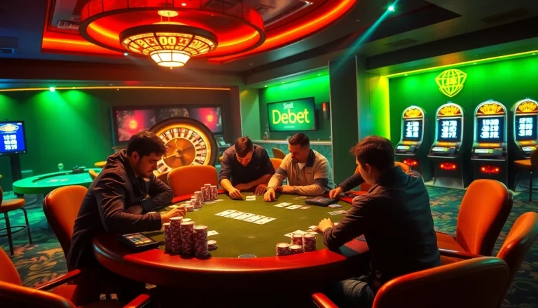 Debet casino scene highlighting an intense poker game with players, chips, and cards.