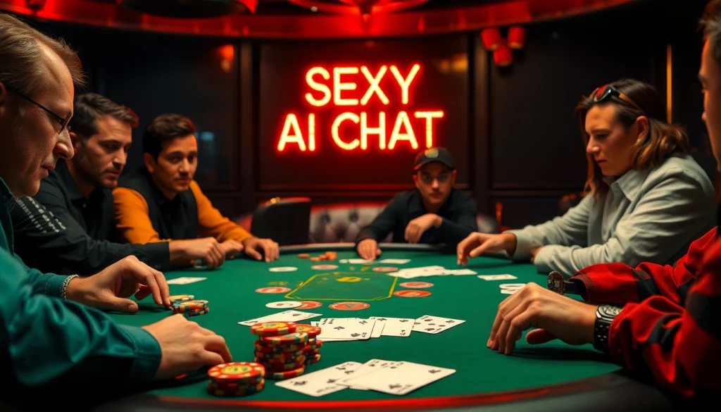 Experience thrilling poker excitement with a sexy AI chat ambiance at a casino table.