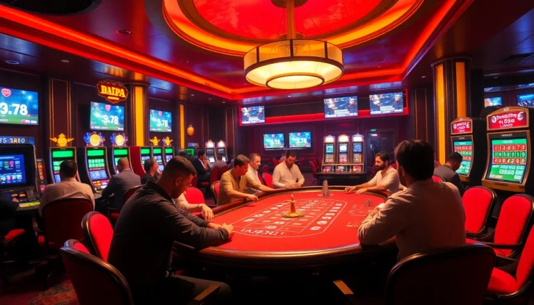 Kèo nhà cái odds displayed vibrantly in a lively casino atmosphere with poker tables and excited players.