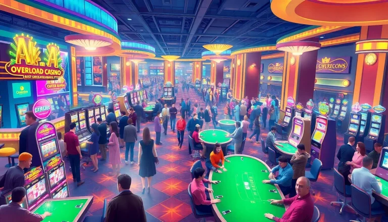Experience high-energy gaming at Overload Casino with colorful slot machines and happy players.
