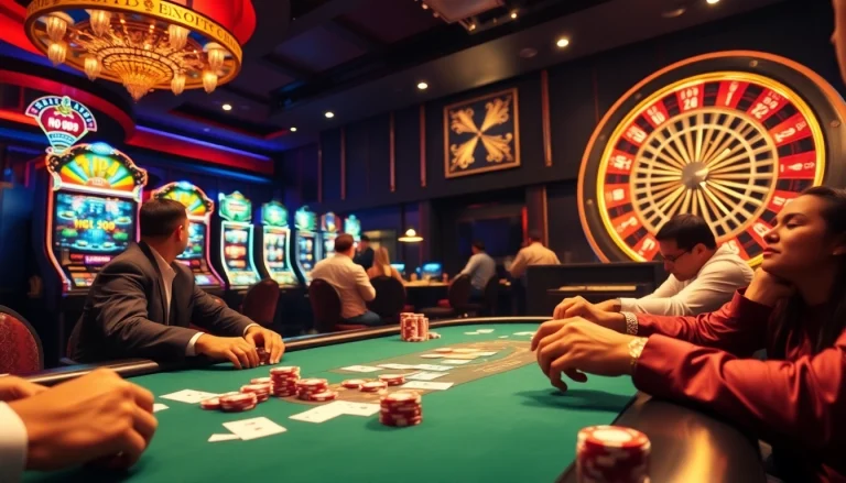 Experience thrilling wins with hgo909 in a vibrant casino scene featuring poker and slots.