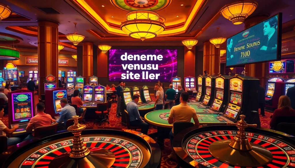 Exciting casino scene showcasing players at poker and slot machines with deneme bonusu veren siteler displayed on a digital board.