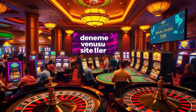 Exciting casino scene showcasing players at poker and slot machines with deneme bonusu veren siteler displayed on a digital board.