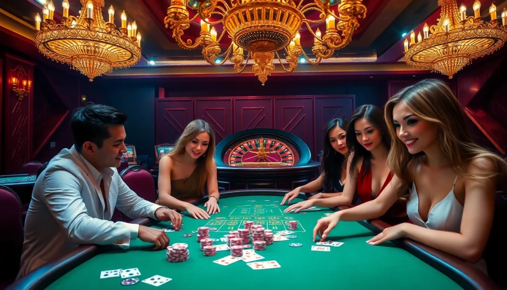RR88 VIP poker table filled with high-stakes chips and elegant players immersed in gambling excitement.