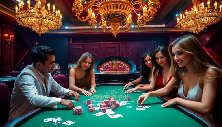 RR88 VIP poker table filled with high-stakes chips and elegant players immersed in gambling excitement.