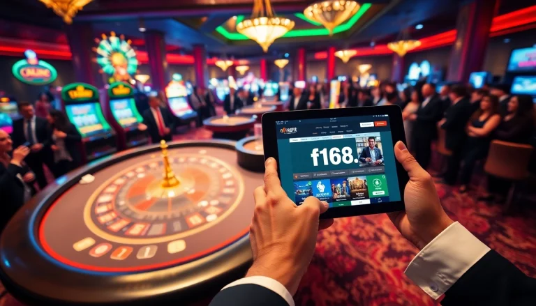 Experience the excitement of f168.fit as players engage at a glamorous casino table, surrounded by vibrant slot machines and betting action.