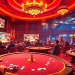 Xem đá gà thomo live at a bustling casino with excited gamblers.