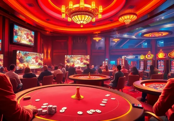 Xem đá gà thomo live at a bustling casino with excited gamblers.