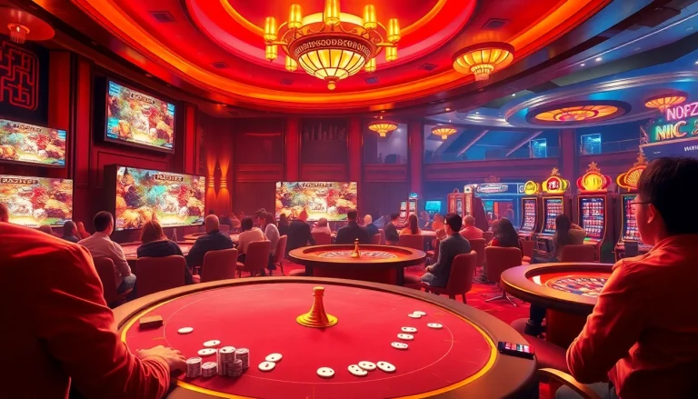 Xem đá gà thomo live at a bustling casino with excited gamblers.