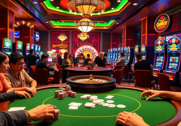 Exciting poker game at a casino showcasing the top 10 game bài đổi thưởng players enjoy, with vibrant chips and cards.