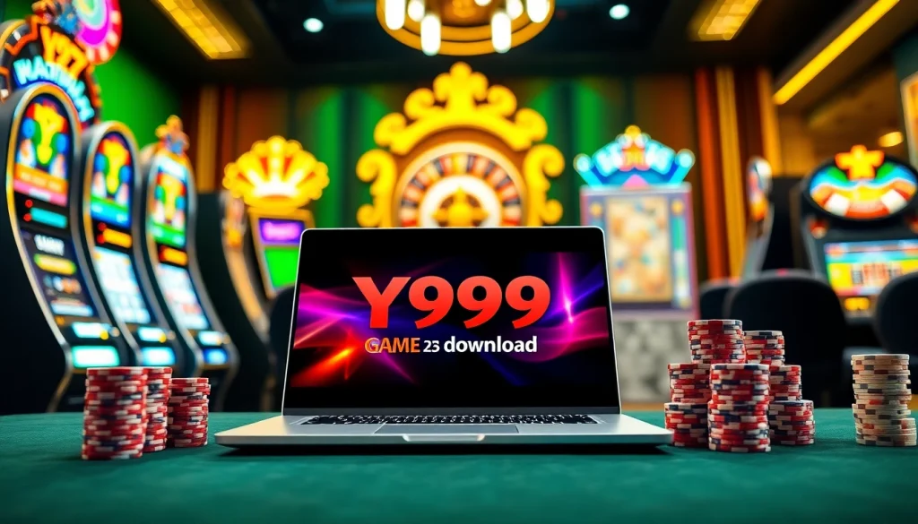 Experience the thrill of the Y999 Game Download as players engage at colorful tables and slot machines.