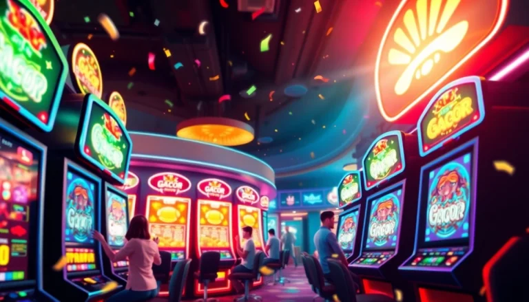 Excited players enjoying the thrill of "Slot Gacor" at a vibrant casino, showcasing lively slot machines.