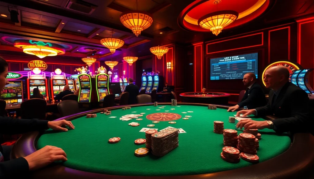Engage with the thrilling atmosphere of tylekeouytin.com at an upscale poker game featuring vibrant chips and cards.