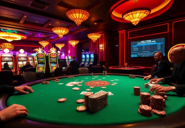 Engage with the thrilling atmosphere of tylekeouytin.com at an upscale poker game featuring vibrant chips and cards.