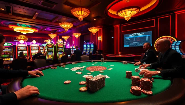 Engage with the thrilling atmosphere of tylekeouytin.com at an upscale poker game featuring vibrant chips and cards.