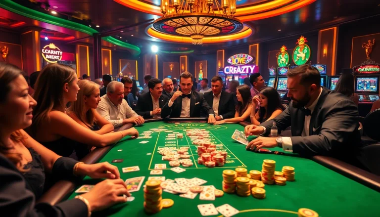 Experience live crazy time in this glamorous casino scene with lively players and vibrant gaming tables.
