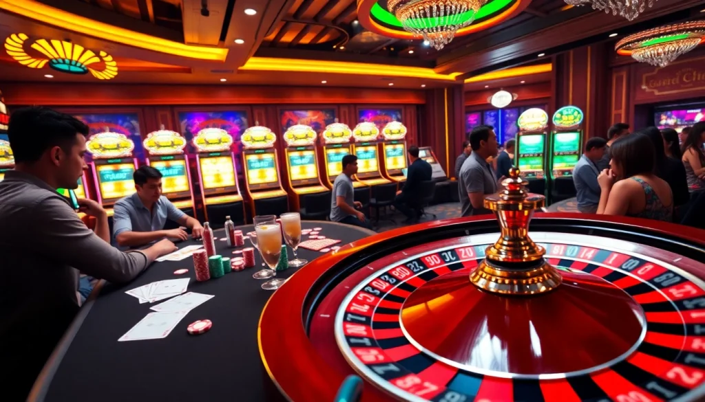 Capture the excitement at ketqua24.net's casino tables with energetic players, vibrant cards, and poker chips.