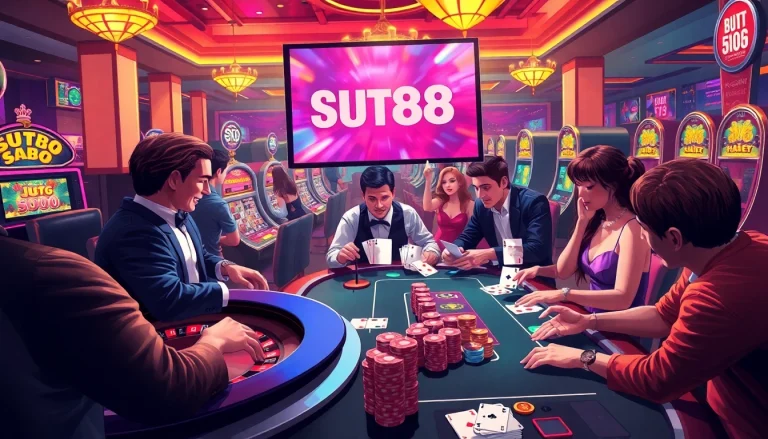SUT88 ĐĂNG NHẬP interface visible in an exciting casino setting with eager gamblers participating at tables.