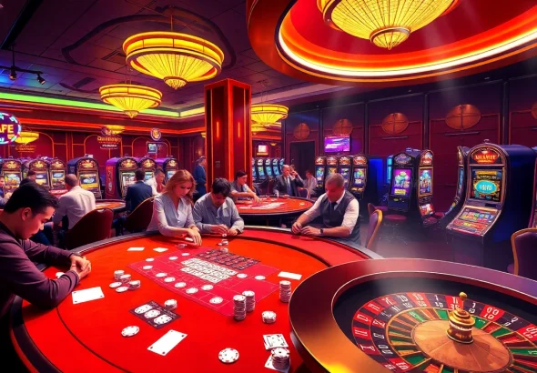 Players enjoy a thrilling casino experience at bet88vn.locker, featuring poker tables and spinning roulette wheels.