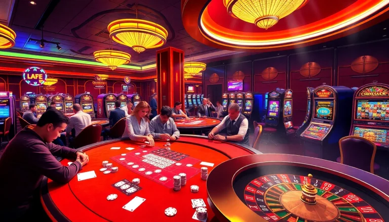 Players enjoy a thrilling casino experience at bet88vn.locker, featuring poker tables and spinning roulette wheels.