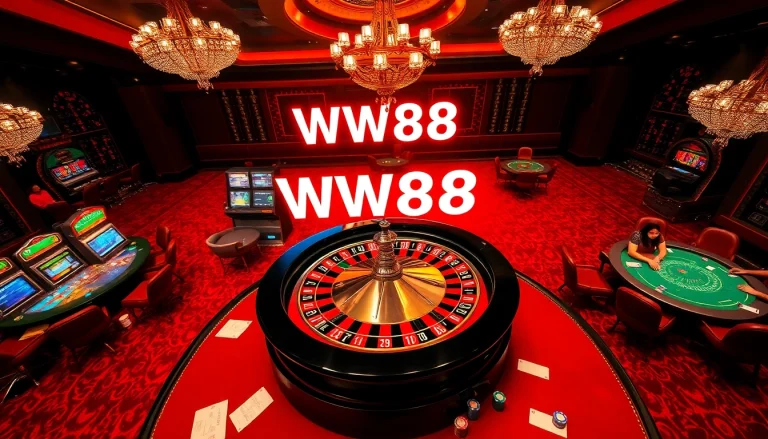 A thrilling scene at trim trang chủ WW88, showcasing a table filled with poker chips and players immersed in the game.