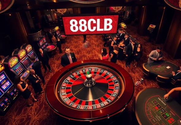 Players celebrate wins at the thrilling 88CLB roulette wheel in a vibrant casino.