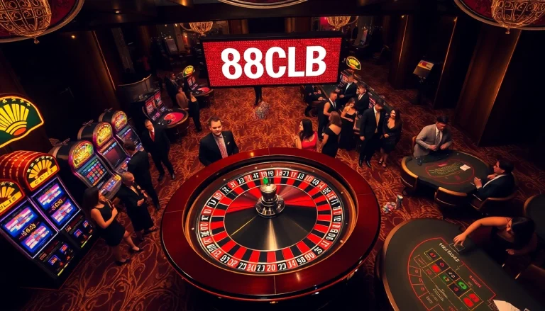 Players celebrate wins at the thrilling 88CLB roulette wheel in a vibrant casino.
