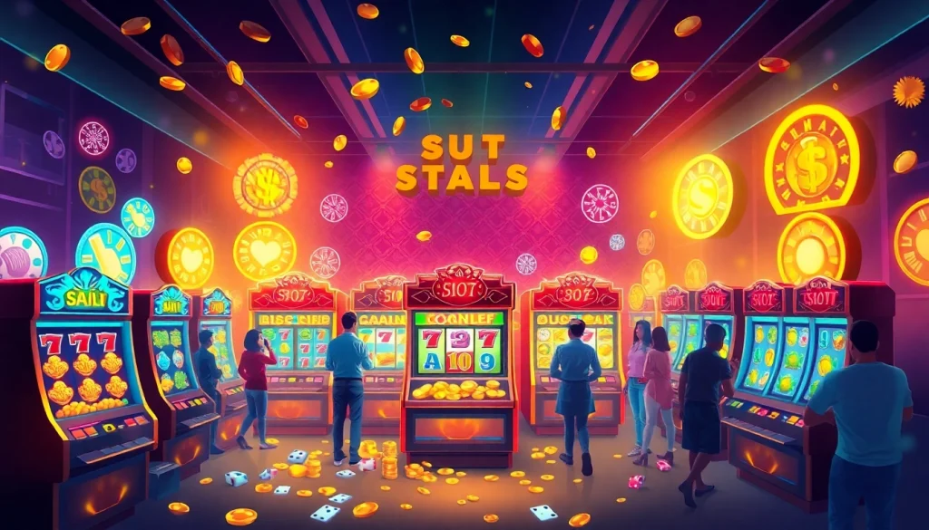 Exploring exciting gaming options on situs slot gacor with colorful slot machines and joyful players.
