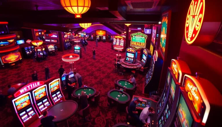 Experience the thrill of casino utan svensk licens with vibrant games and lively players in a neon-lit environment.